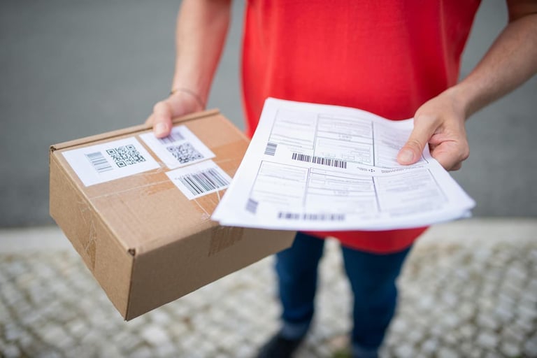 Entregador com caixa e boleto bancário. 