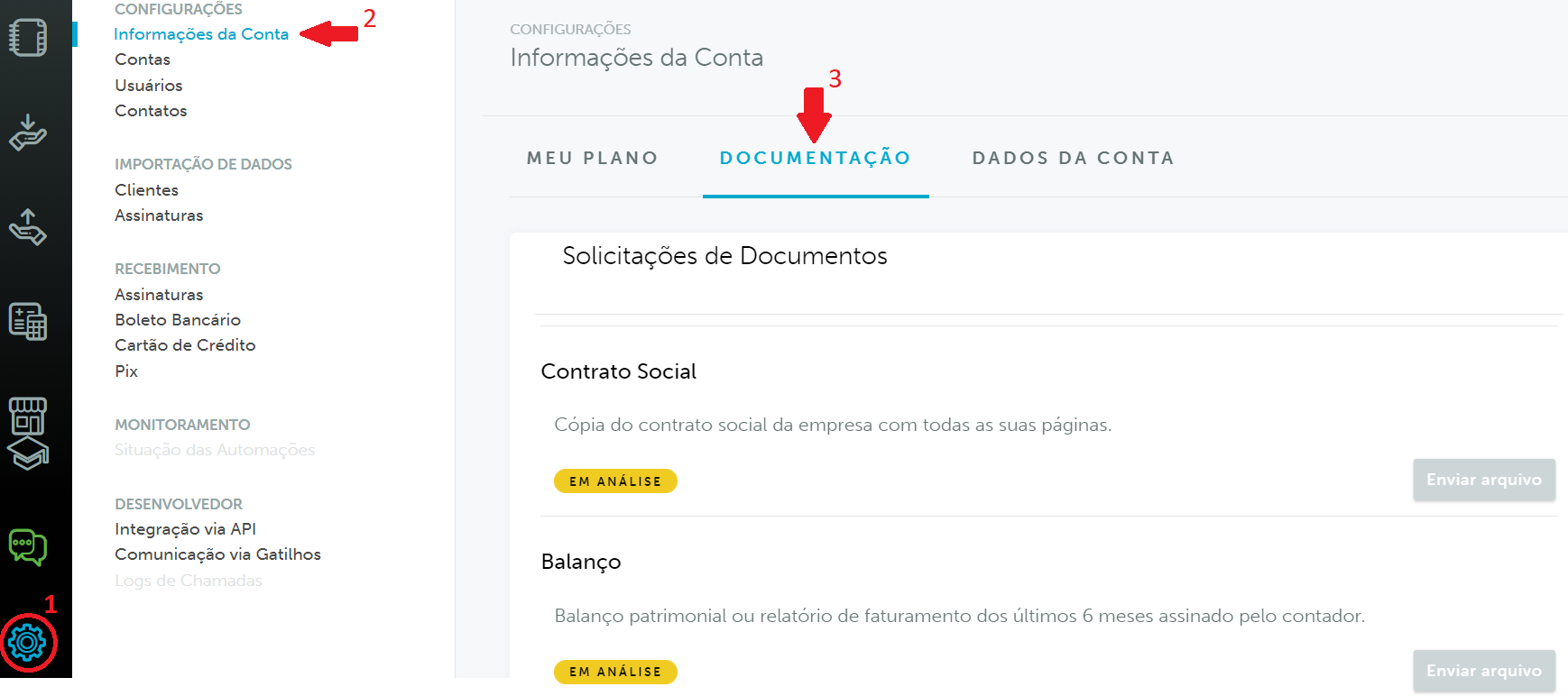Tela de envio de documentos do limite operacional, com o status de cada solicitação