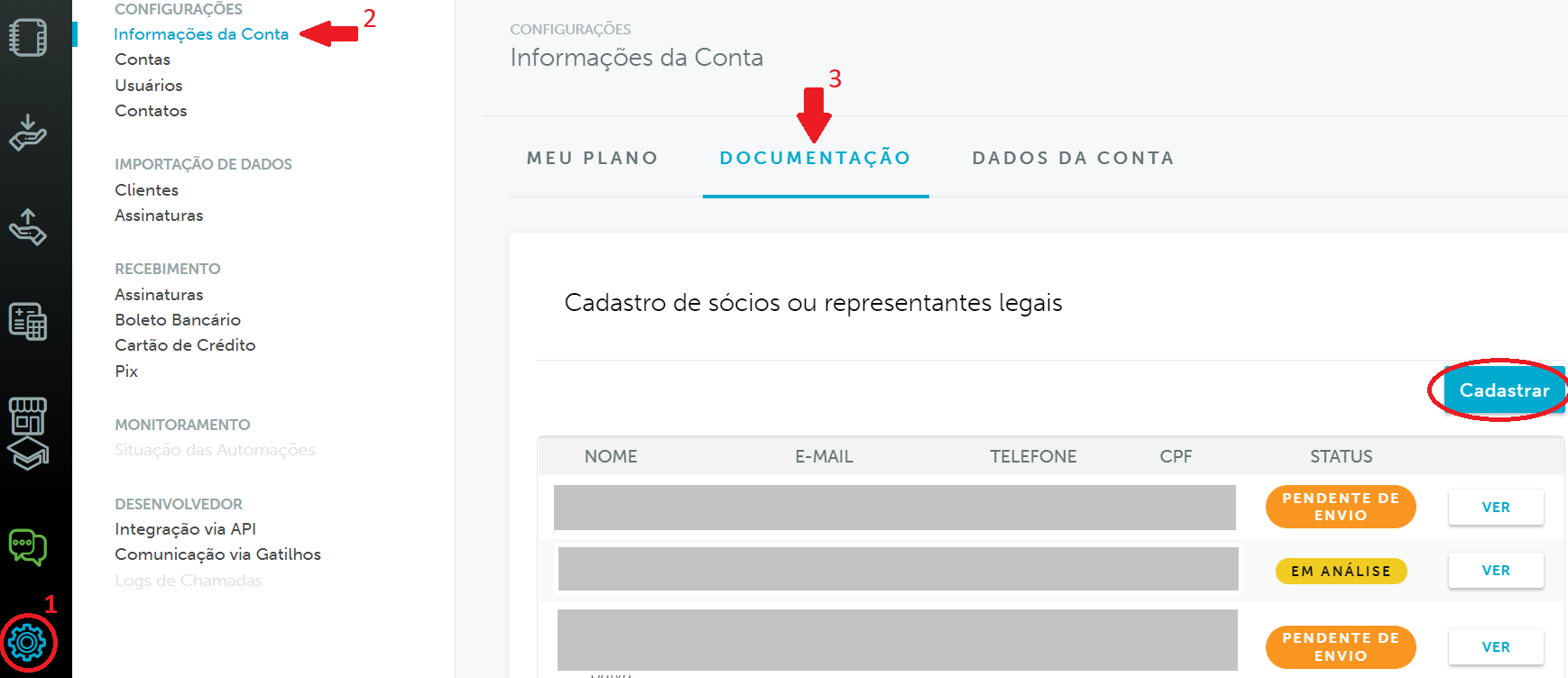 Painel iugu em Configurações > Informações da Conta > Documentação, com a opção para cadastrar um novo sócio